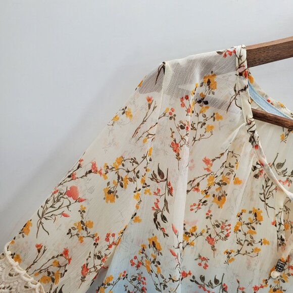 Rue21 Floral Crochet Boho Top S Sheer Long Sleeve Peasant Blouse Festival - Picture 8 of 16